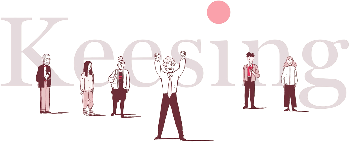 Illustration of diverse characters standing in front of the word "Keesing" with a playful, minimalistic design.