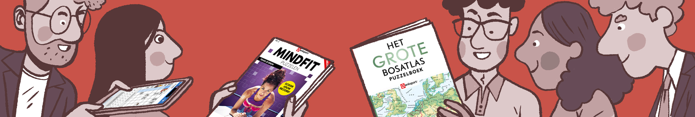Illustration of six people looking at puzzle books and a tablet, including MindFit and The Great Bosatlas Puzzle Book.