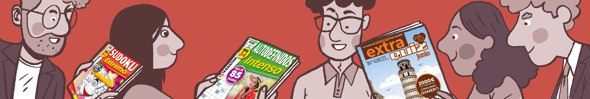 Illustration of six people holding and looking at various Spanish puzzle magazines together.